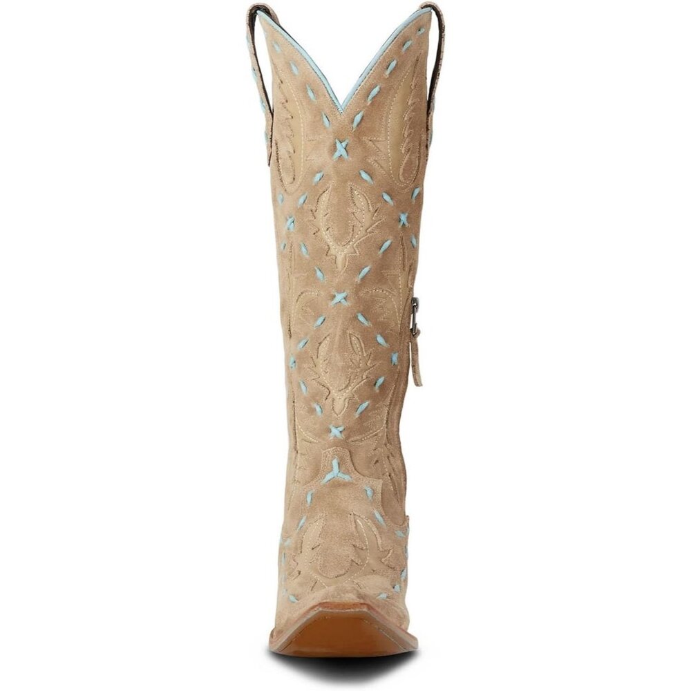 Women's Back Lace Chunky Heel Western Side Zipper Embroidered Brown Boots - Picture 5 of 7